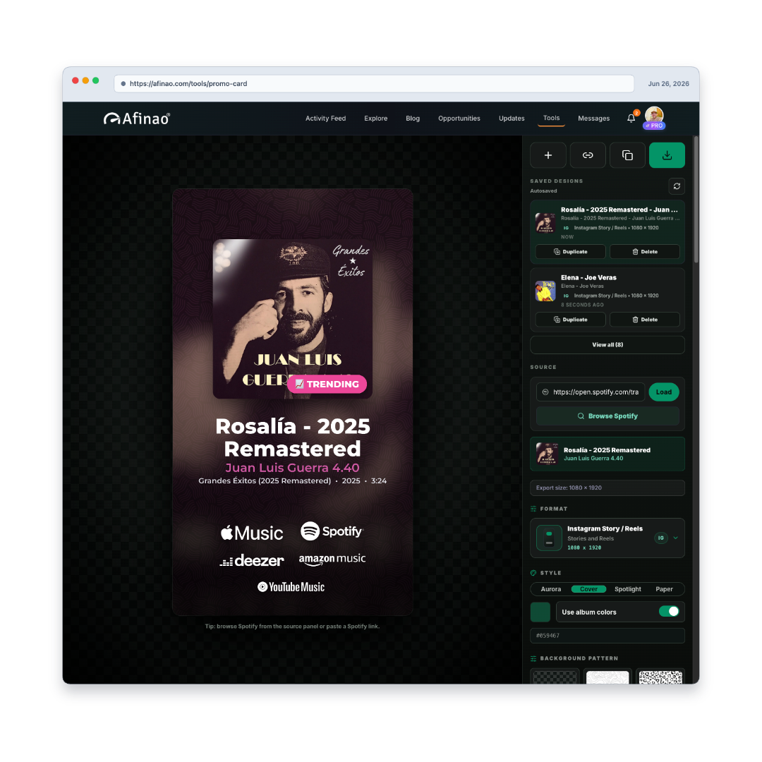 🔥 Nuevo en Afinao: crea promo cards para tu música en minutos
